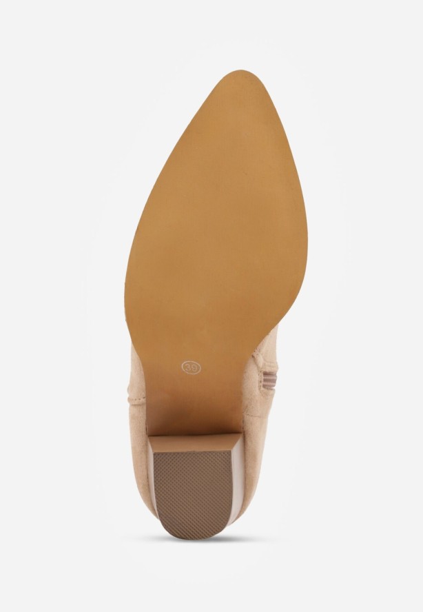 Beżowe Botki Typu Kowbojki VICES na Obcasie z Ażurową Cholewką Eranata