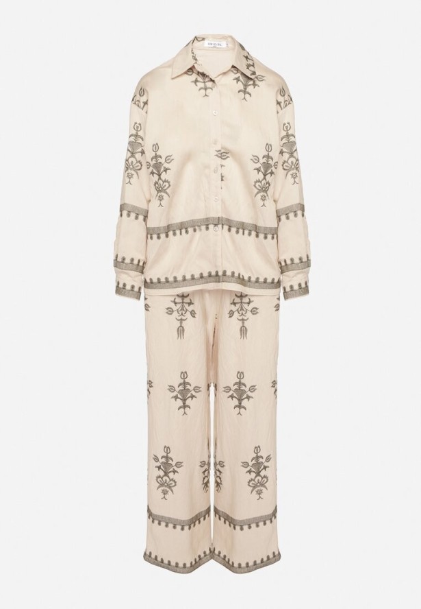 Beżowy Komplet z Wiskozy w Stylu Boho Koszula i Spodnie Zdobione Haftem Sarhiris