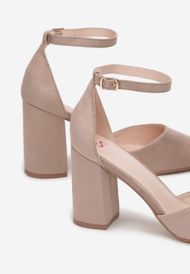 Ciemnobeżowe Czółenka na Słupkowym Obcasie ze Sprzączką Alexus