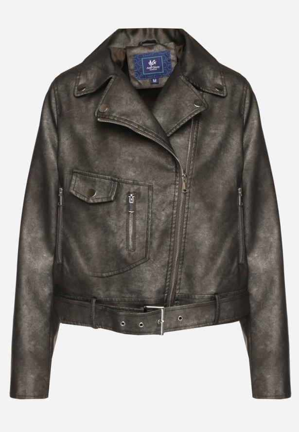 Ciemnoszara Kurtka Ramoneska z Kieszeniami i Paskiem z Klamrą Polvila