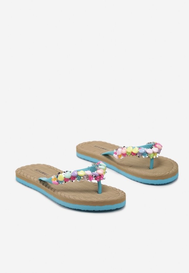 Jasnoniebieskie Japonki z Błyszczącymi Detalami i Kwiatkami Mireth