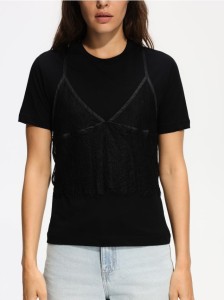T-shirt z koronkowym topem - czarny