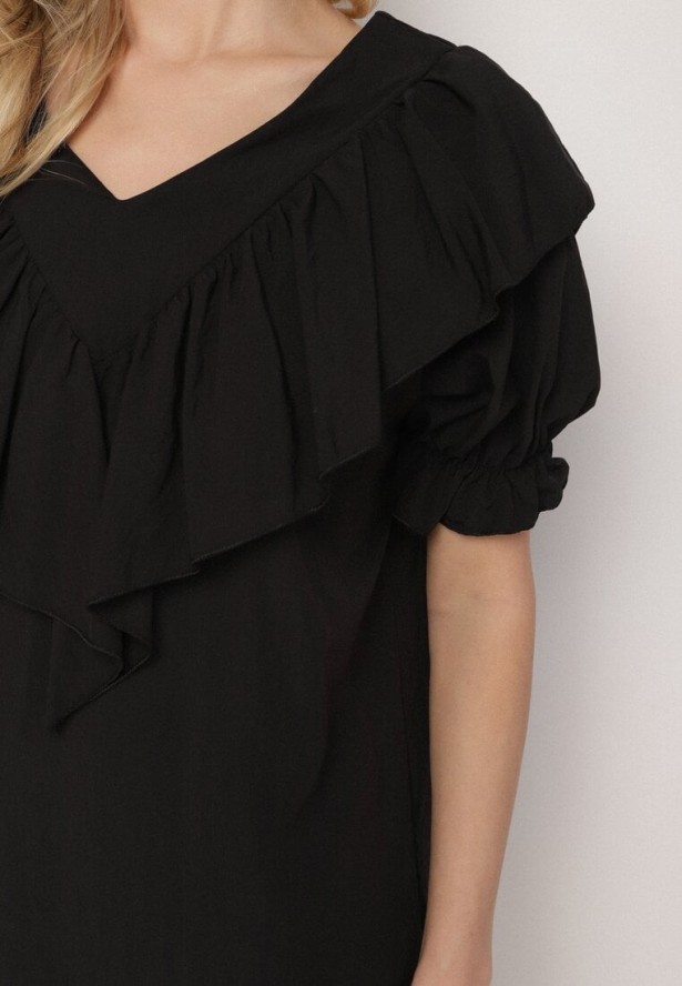 Czarna Bluzka z Wiskozą i Falbankami Fadevia
