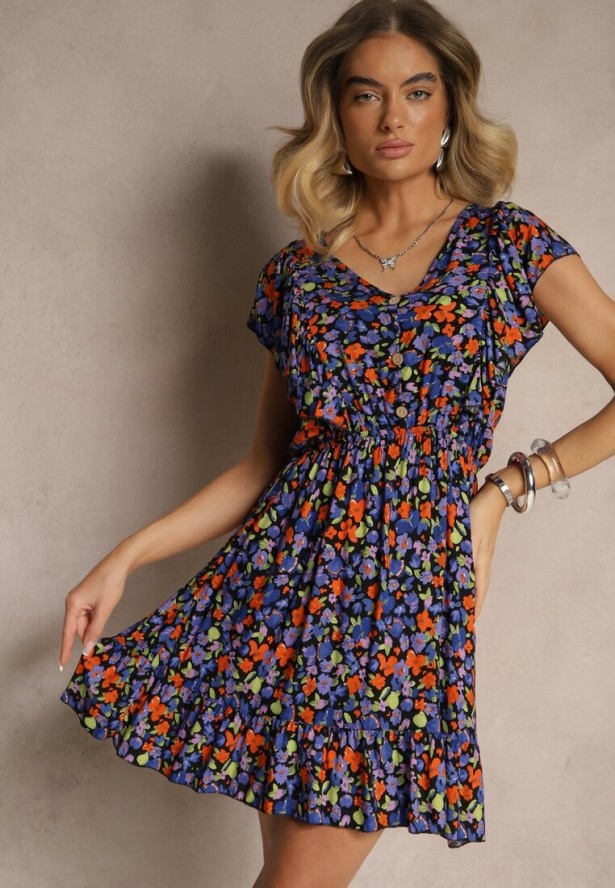 Granatowa Sukienka Bawełniana o Rozkloszowanym Kroju w Kwiaty z Falbankami Virlio