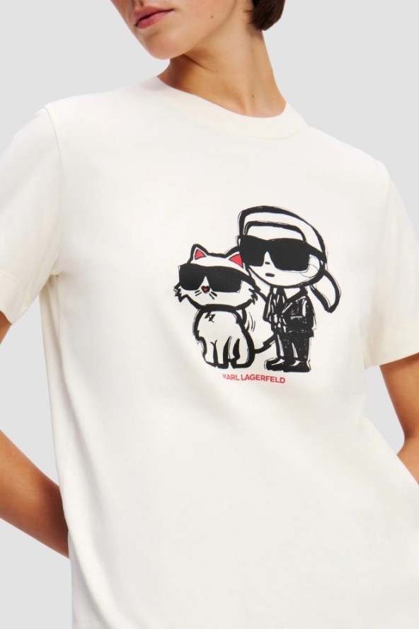 KARL LAGERFELD Beżowy damski t-shirt Ikon Sketch Duo, Rozmiar XL