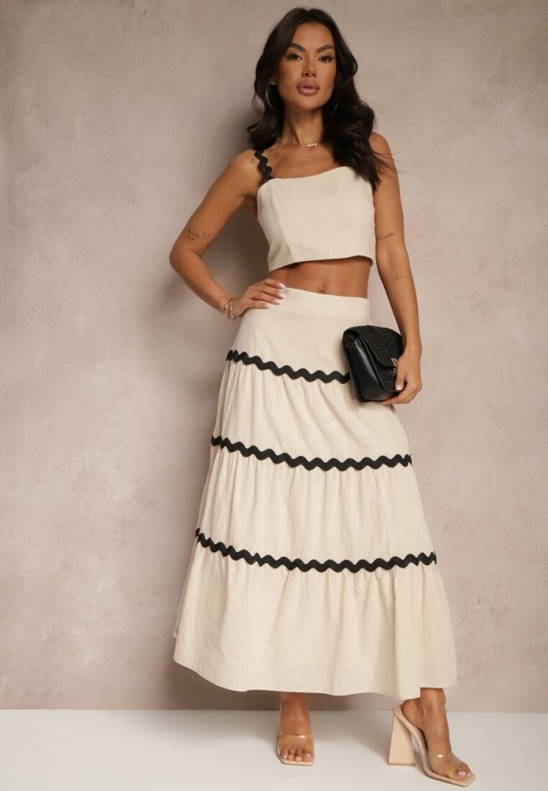 Beżowy Komplet z Bawełny Top na Ramiączkach i Spódnica Janoria