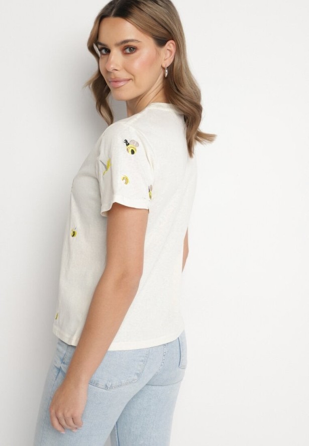 Beżowy T-shirt z Bawełny Ozdobiony Haftem Hiraviel