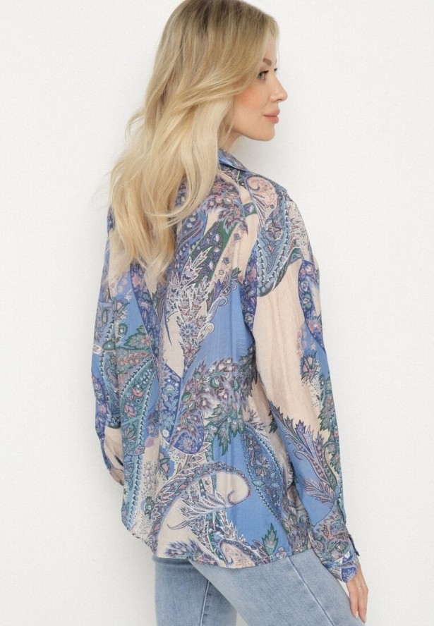 Niebieska Klasyczna Koszula z Wiskozą w Ornamentalny Wzór Aranisea