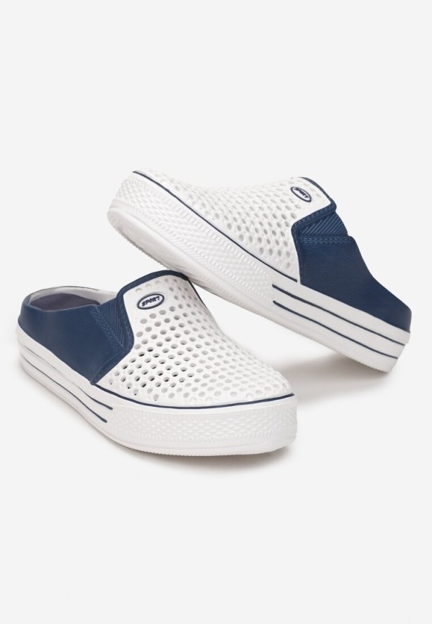 Biało-Granatowe Klapki w Sportowym Stylu z Perforacją na Zakrytym Nosku Jeily