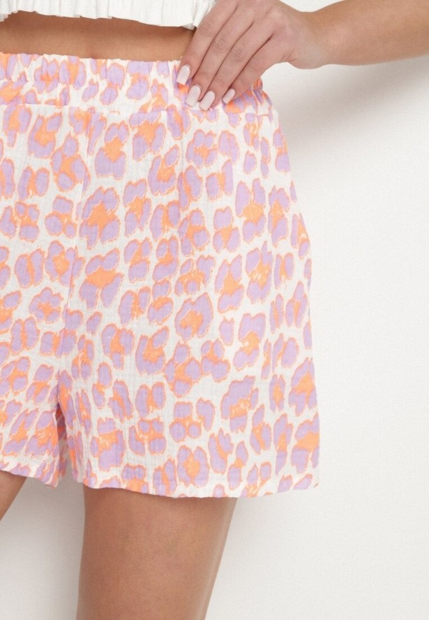 Pomarańczowe Bawełniane Szorty z Wysokim Stanem i Kieszeniami w Zwierzęcy Wzór Felasinea