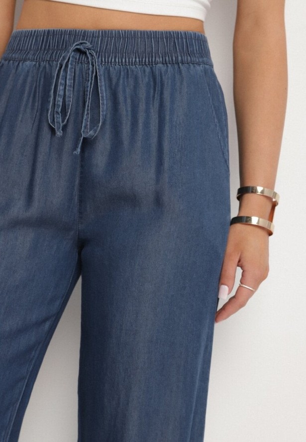 Niebieskie Szerokie Spodnie z Bawełny Ozdobione Wiązaniem Evipoli