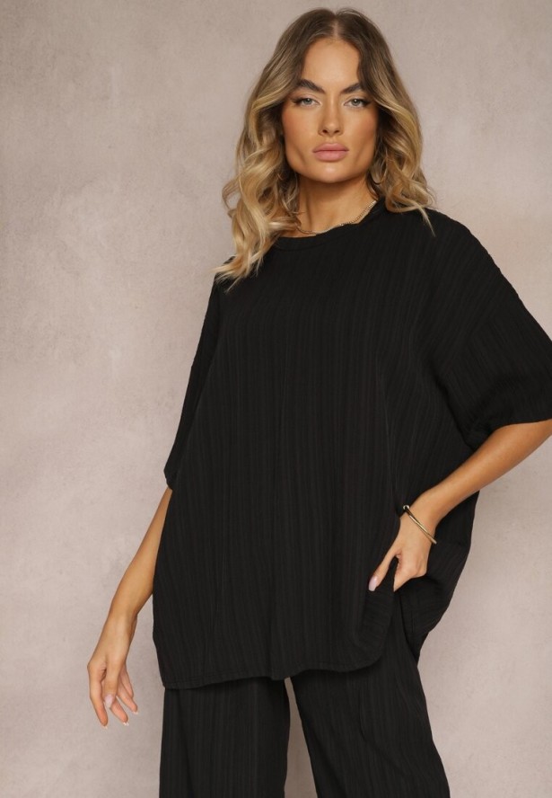 Czarny Oversizowy Komplet z Wiskozą Luźna Bluzka i Proste Spodnie Varlivia