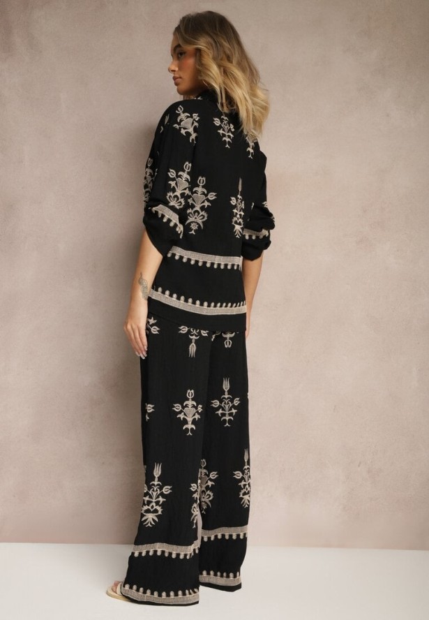 Czarny Wiskozowy Komplet Boho Koszula i Spodnie z Haftowanym Zdobieniem Helhiris