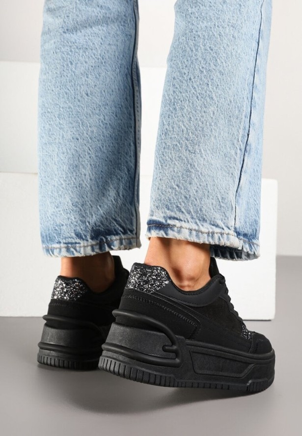 Czarne Sneakersy na Grubej Platformie z Tłoczeniem Ozdobione Wzorem w Panterkę Deolithra