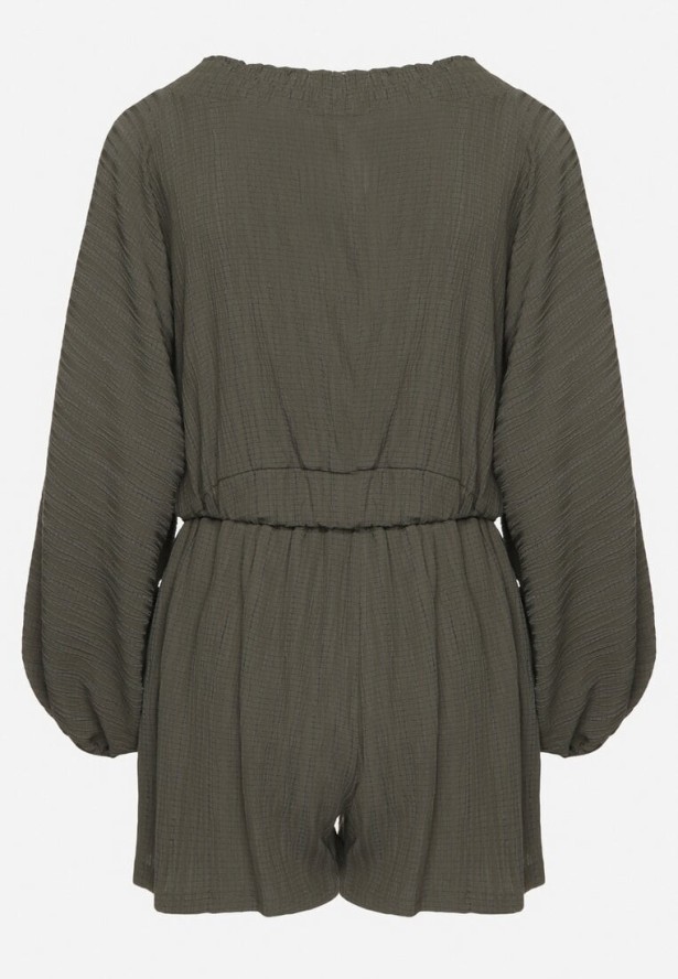 Ciemnozielony Komplet Bluzka z Rękawami Typu Nietoperz i Głębokim Dekoltem Szorty z Gumką w Talii Femvia