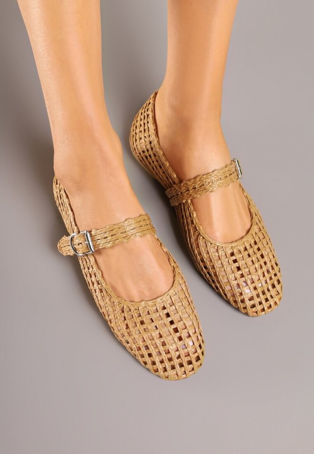Brązowe Ażurowe Balerinki w Stylu Mary Jane z Plecioną Cholewką Deraelle