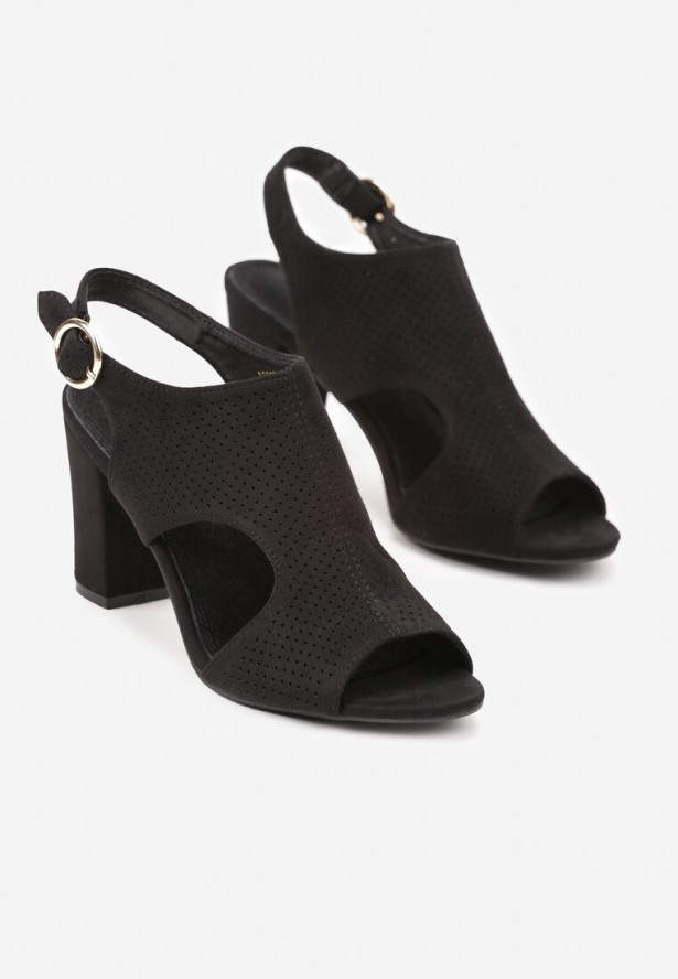 Czarne Ażurowe Sandały Vices na Słupku z Wkładką ze Skóry Naturalnej Obelle