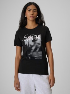 4F T-shirt regular z nadrukiem damski - czarny XL