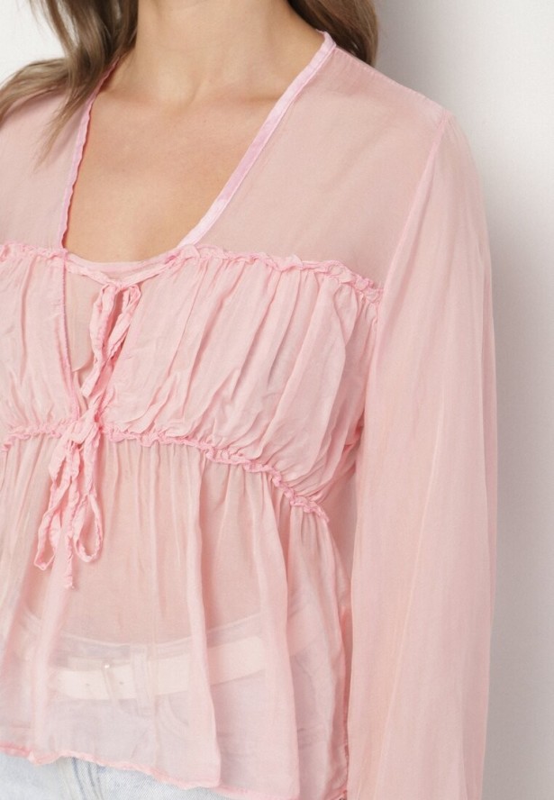 Różowa Transparentna Bluzka z Wiskozą i Wiązaniem Zarestra