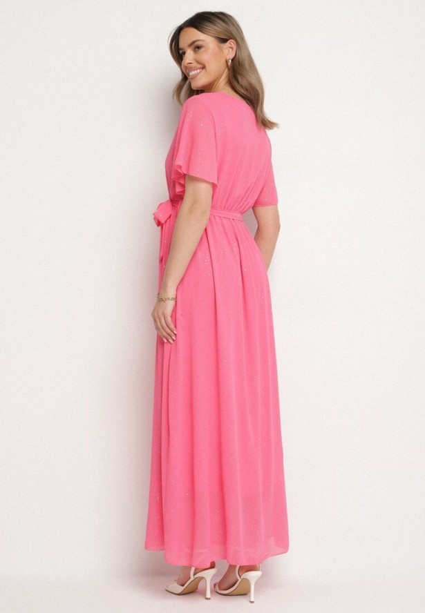 Fuksjowa Brokatowa Sukienka Koktajlowa Ozdobiona Paskiem Ziliane