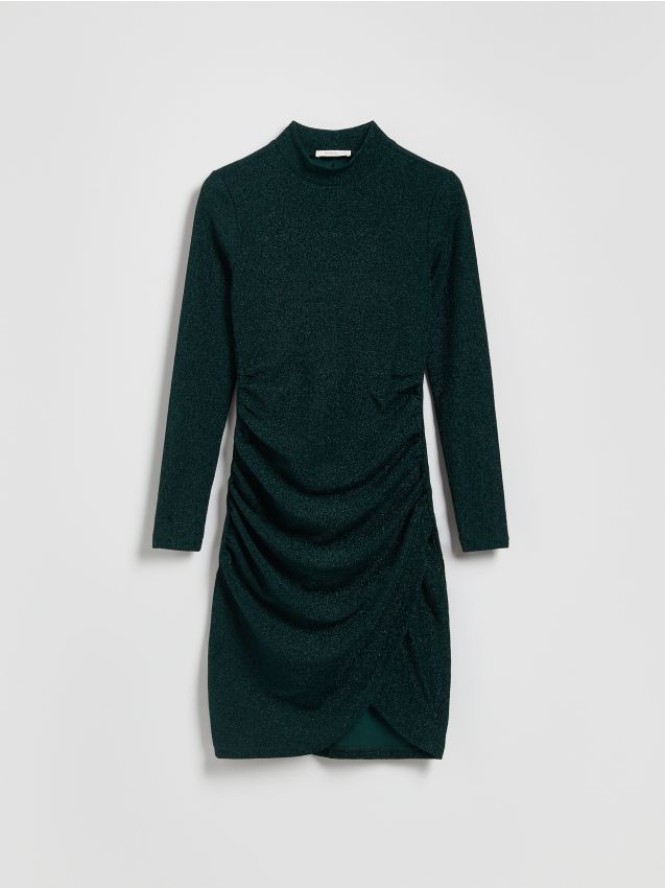 Błyszcząca sukienka z drapowaniem - morski