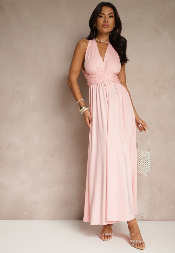 Różowa Sukienka Koktajlowa Multiway z Wiskozą Wiązana na Szyi Lilovea