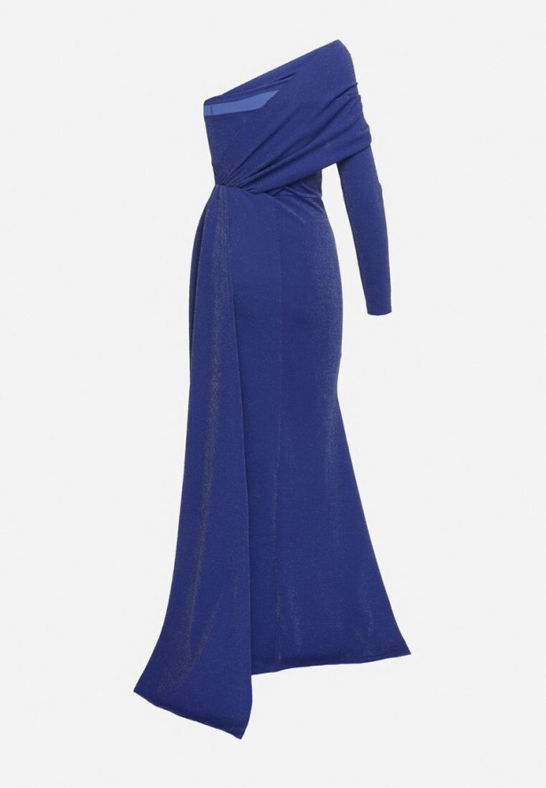 Granatowa Asymetryczna Sukienka Koktajlowa Ozdobiona Metaliczną Nicią i Trenem Emarielin