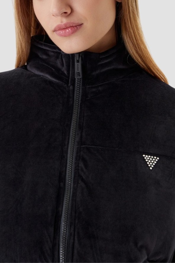 GUESS Сzarna zamszowa kurtka damska Couture Puffer, Rozmiar XS