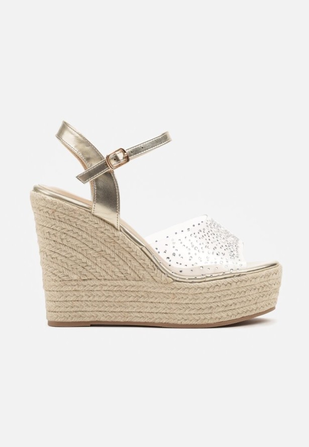 Złote Sandały na Plecionym Koturnie z Transparentną Cholewką i Cyrkoniami Alulita