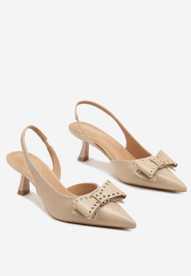 Ciemnobeżowe Sandały Slingback na Kaczuszce Zdobione Kokardą z Nitami Rizonna