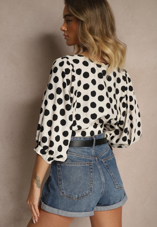 Biało-Czarna Bluzka z Wiskozy Nietoperz z Wiązaniem w Kropki Divia