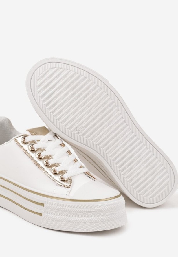 Biało-Złote Casualowe Trampki na Grubej Podeszwie Peliren