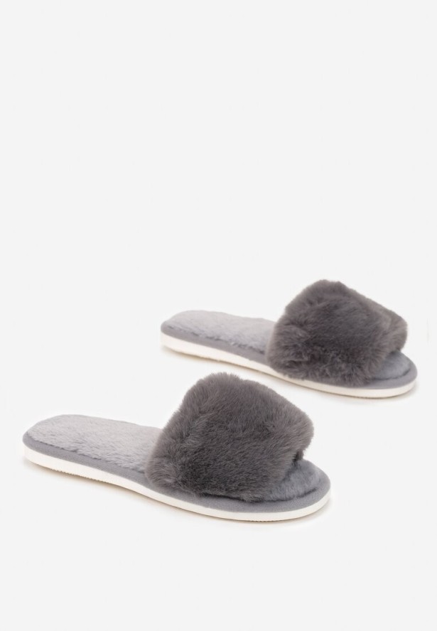 Szare Kapcie Futrzane z Szerokim Paskiem Iphandras