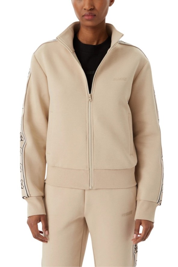 GUESS Beżowa damska bluza rozpinana z lampasami Britney, Rozmiar XL