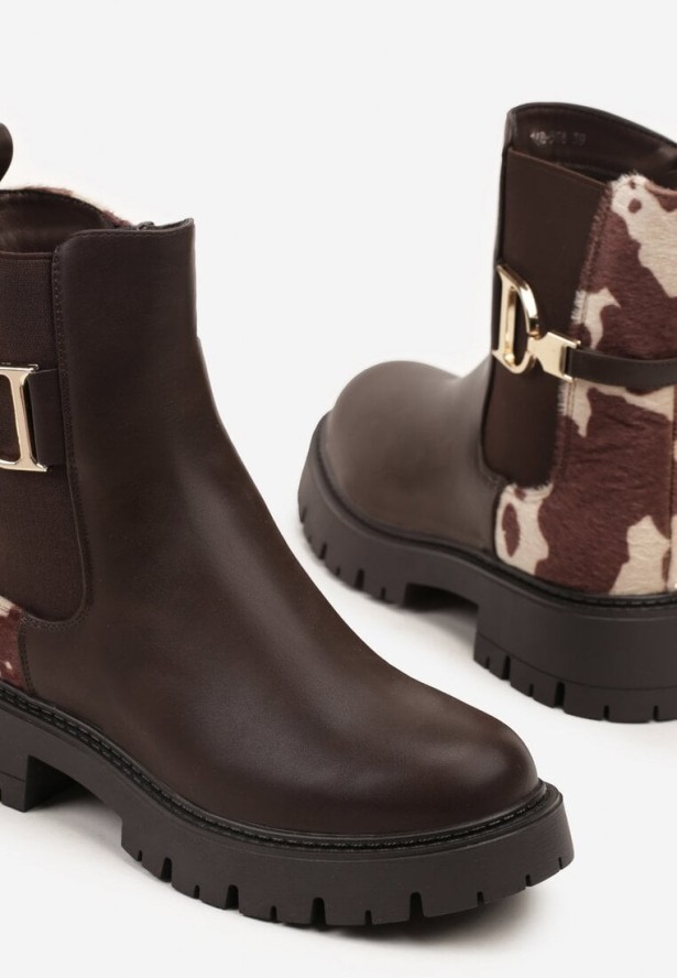 Brązowe Klasyczne Botki Sztyblety w Krowie Łaty Zdobione Metaliczną Aplikacją Laore