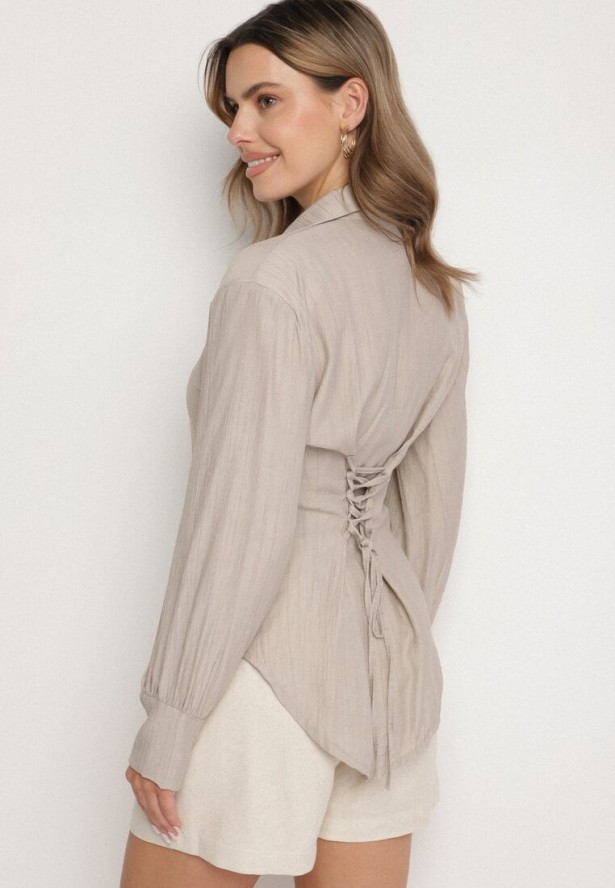 Ciemnobeżowa Koszula z Usztywnionymi Ramionami Ozdobiona Sznurkiem Meroriela