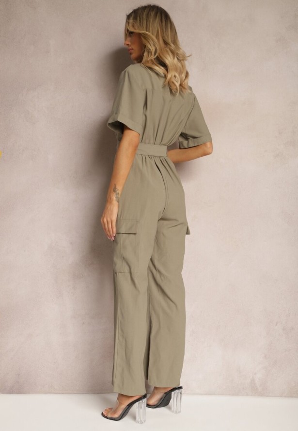 Ciemnozielony Długi Kombinezon w Stylu Utility z Kieszeniami Cargo Paskiem i Kołnierzykiem Qillilena