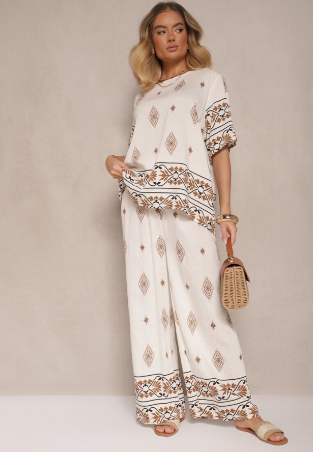 Beżowy Komplet w Stylu Boho Bluzka z Krótkim Rękawem i Luźne Spodnie Divorine