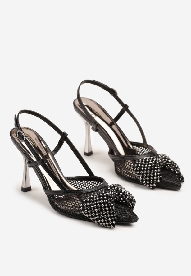 Czarne Sandały Siateczkowe Vices na Szpilce Zdobione Kokardą i Cekinami Reandra