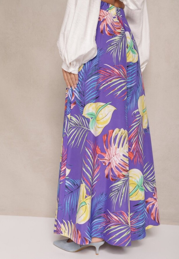 Niebieskie Spodnie z Wiskozy High Waist o Szerokim Kroju z Motywem Liści Senevira