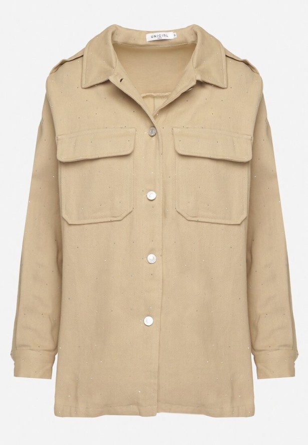 Beżowa Bawełniana Koszula Ozdobiona Cyrkoniami na Guziki Nerelise