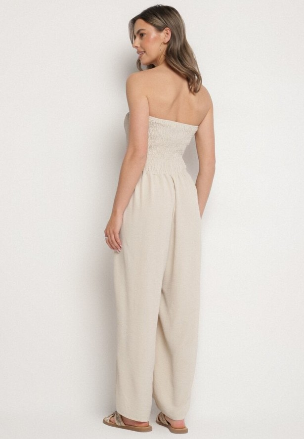 Beżowy Kombinezon Bez Rękawów z Szerokimi Nogawkami i Frędzlami Dovilla