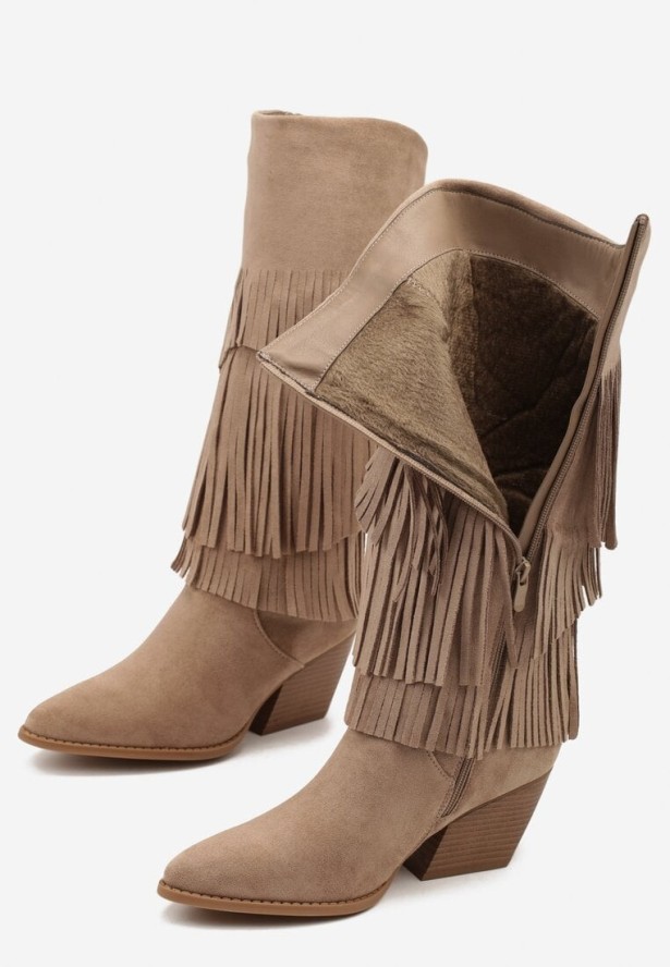 Ciemnobeżowe Kozaki Typu Kowbojki na Stożkowym Obcasie z Frędzlami Acirrive