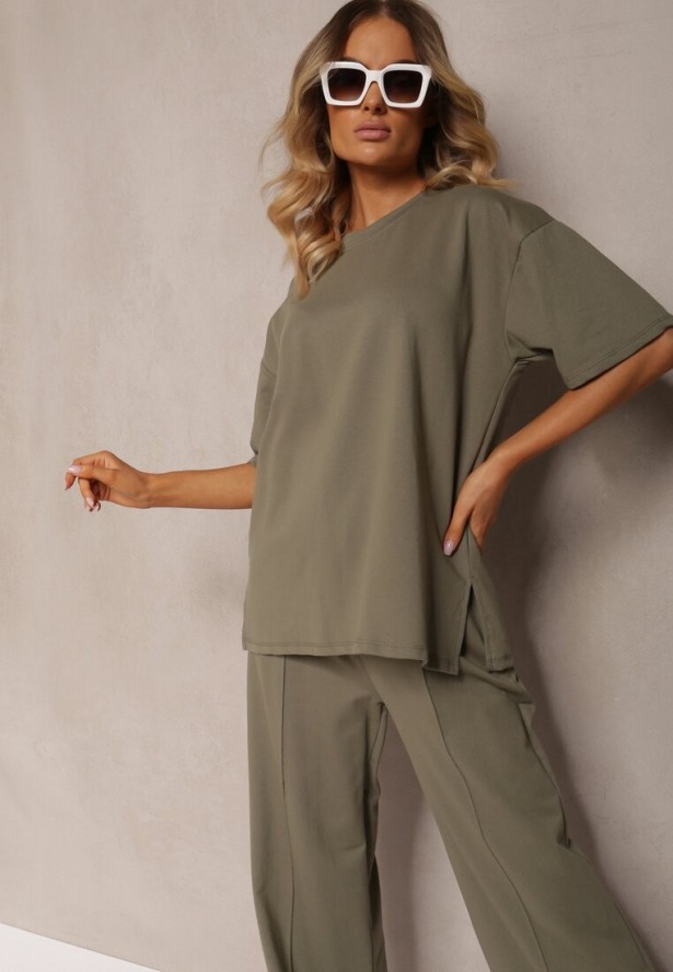 Ciemnozielony Komplet z Bawełny Proste Szerokie Spodnie z Gumką w Pasie Bluzka z Rozcięciami Vimarases