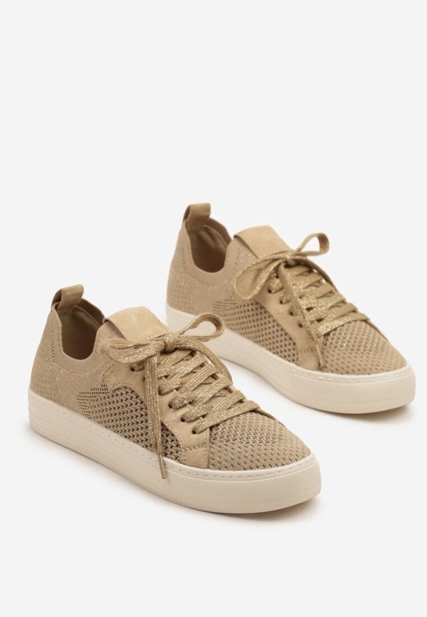 Ciemnobeżowe Sneakersy z Siateczkową Cholewką Taslio