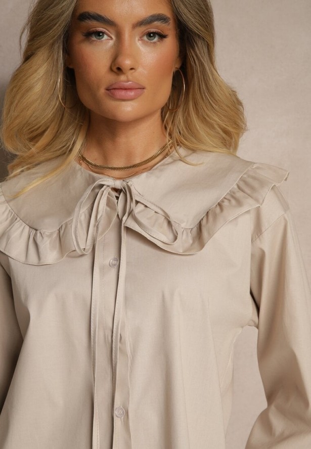 Beżowa Koszula z Bawełny w Stylu Retro z Wiązaniem i Kołnierzykiem z Falbankami Firsela