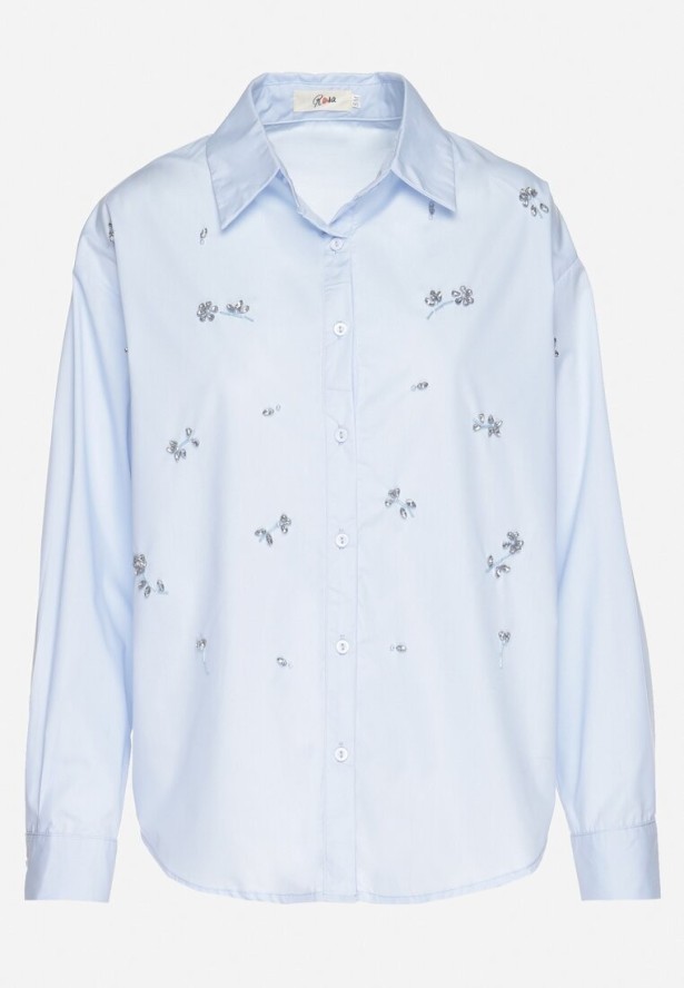 Jasnoniebieska Koszula z Bawełny Ozdobiona Naszywkami Katiema