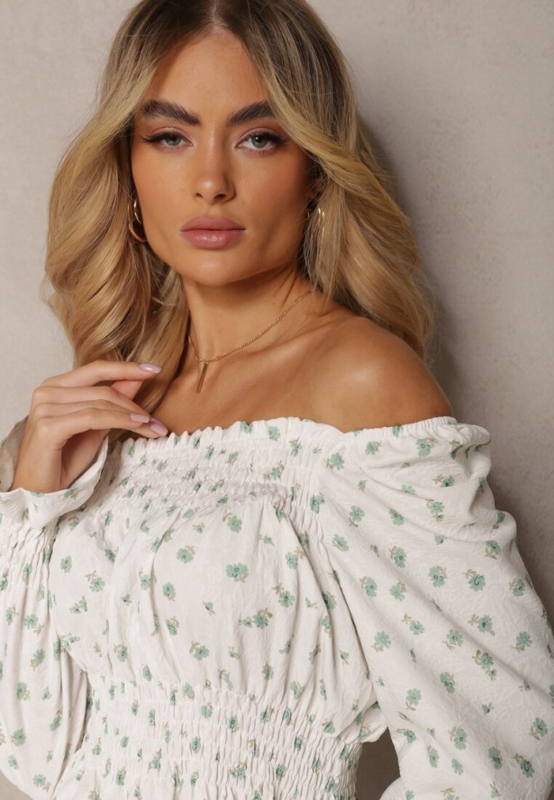 Biało-Zielona Bluzka z Falbankami przy Rękawach Wykończona Gumką w Pasie Naliaria