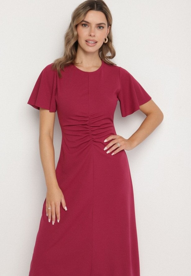 Bordowa Rozkloszowana Sukienka Ozdobiona Marszczeniem Odallica