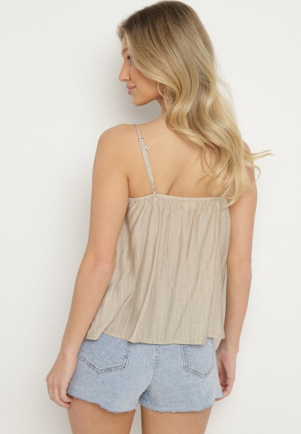 Beżowy Top z Wiskozą Ozdobiona Koralikami Emiriona